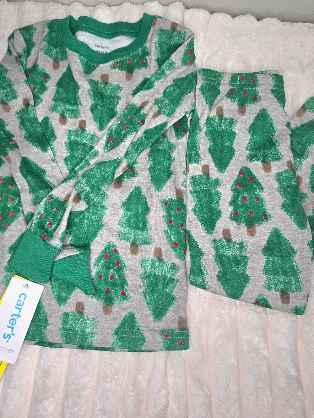 Carter's Green Festive Tree Print Kids Pajama Set with Red Dot Accents 4T NWT